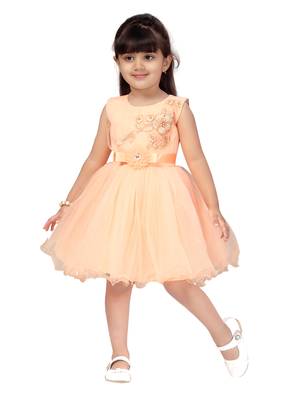 Orange embroidered net kids-frocks 1