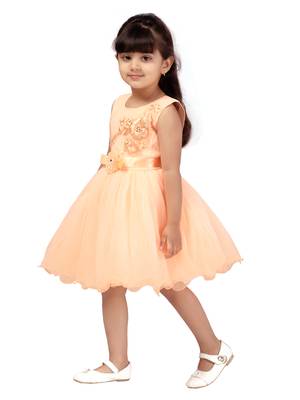 Orange embroidered net kids-frocks 3