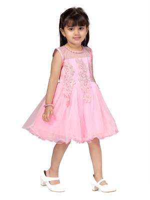 Pink plain net kids-frocks 2