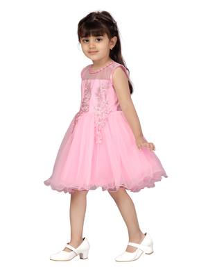 Pink plain net kids-frocks 3