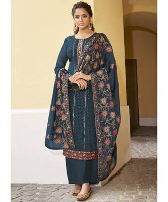 Dark Teal Georgette Party Wear Salwar Kameez 1