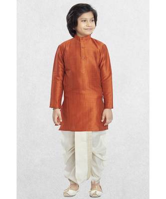 Orange Boys Banaras Cotton-Silk Dhoti-Kurta Suit 1