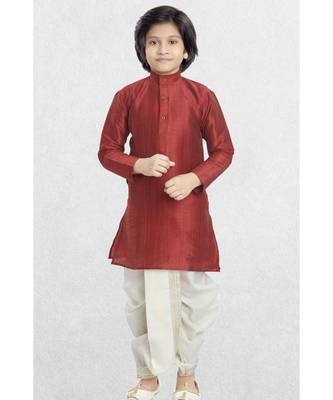 Red Boys Banaras Cotton-Silk Dhoti-Kurta Suit 1