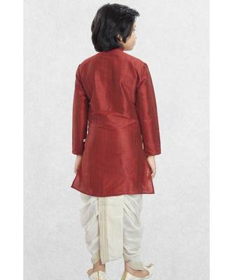 Red Boys Banaras Cotton-Silk Dhoti-Kurta Suit 4