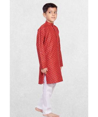 Red Boys Printed Cotton Kurta Suit 1
