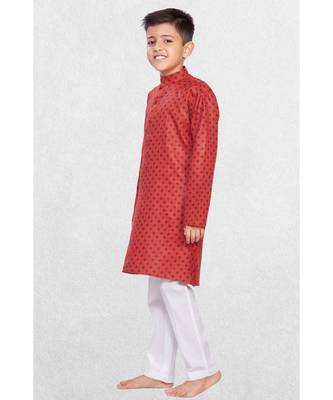 Red Boys Printed Cotton Kurta Suit 3