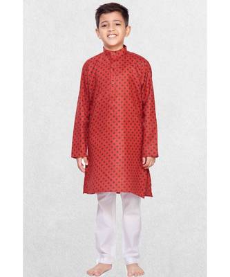 Red Boys Printed Cotton Kurta Suit 4
