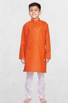 Orange Boys Printed Cotton Kurta Suit
