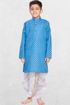 Blue Boys Printed Cotton Dhoti-Kurta Suit