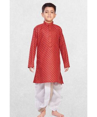 Red Boys Printed Cotton Dhoti-Kurta Suit 1