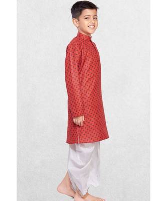 Red Boys Printed Cotton Dhoti-Kurta Suit 4