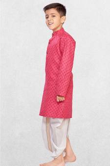 Pink Boys Printed Cotton Dhoti-Kurta Suit