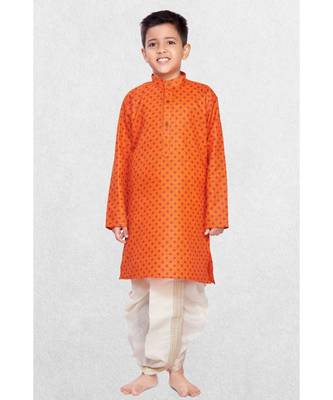 Orange Boys Printed Cotton Dhoti-Kurta Suit 1