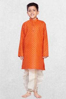 Orange Boys Printed Cotton Dhoti-Kurta Suit