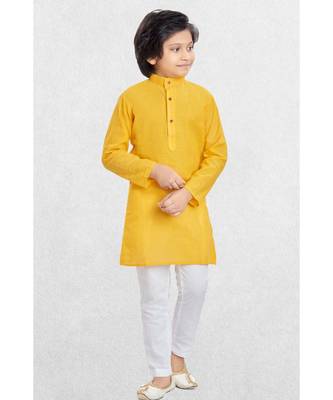 Yellow Boys Benaras Cotton Kurta Suit 1