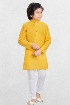 Yellow Boys Benaras Cotton Kurta Suit