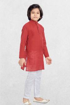 Red Boys Benaras Cotton Kurta Suit
