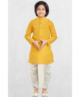 Yellow Boys Benaras Cotton Dhoti-Kurta Suit 1