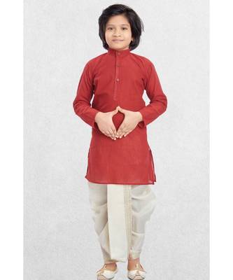 Red Boys Benaras Cotton Dhoti-Kurta Suit 1
