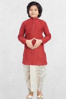 Red Boys Benaras Cotton Dhoti-Kurta Suit