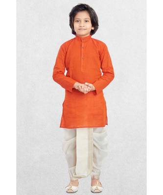 Orange Boys Benaras Cotton Dhoti-Kurta Suit 1