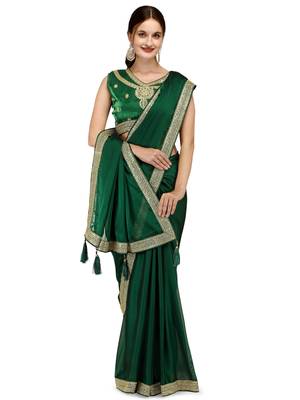 Green embroidered silk blend saree with blouse 3