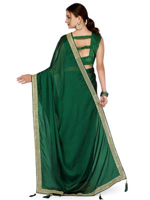 Green embroidered silk blend saree with blouse 4