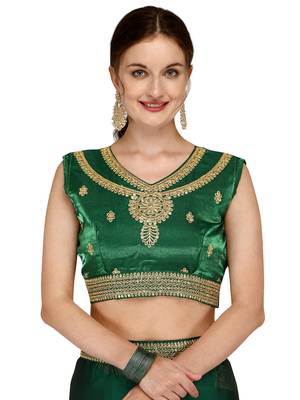 Green embroidered silk blend saree with blouse 5