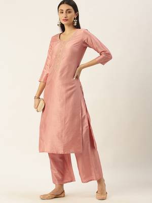 Minora Cotton Peach Embroidered Kurta Sets & Trousers   1