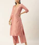 Minora Cotton Peach Embroidered Kurta Sets & Trousers  