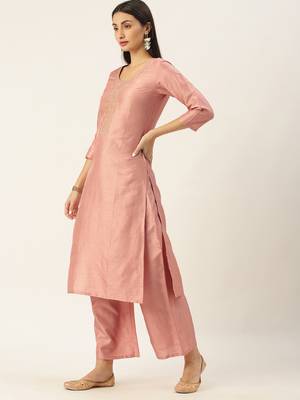 Minora Cotton Peach Embroidered Kurta Sets & Trousers   2
