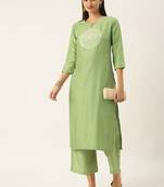 Minora Cotton Green Embroidered Kurta Sets & Trousers 