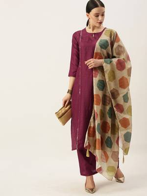 Minora Cotton Wine Floral Kurta Sets & Trousers with Dupatta 1