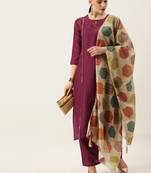 Minora Cotton Wine Floral Kurta Sets & Trousers with Dupatta