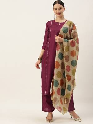 Minora Cotton Wine Floral Kurta Sets & Trousers with Dupatta 2