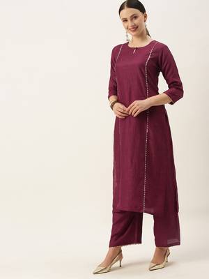 Minora Cotton Wine Floral Kurta Sets & Trousers with Dupatta 3