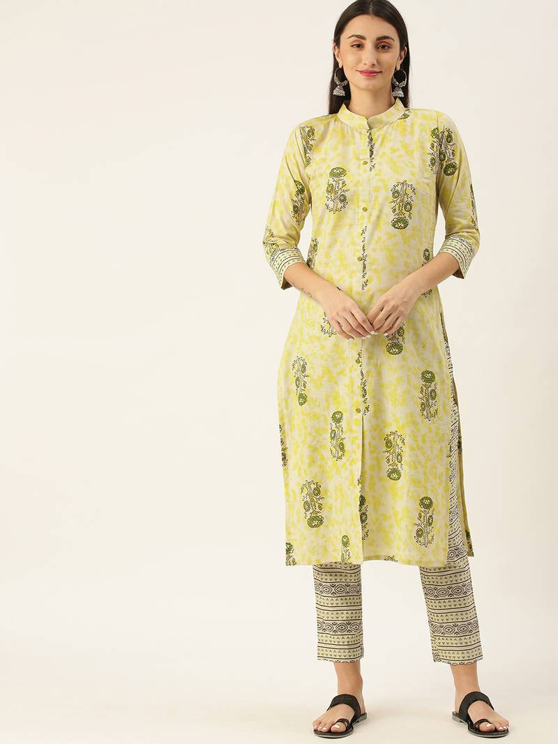 Minora Pure Cotton Off-White Printed Kurta Sets & Trousers 