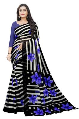 Blue printed chiffon saree with blouse 1