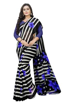 Blue printed chiffon saree with blouse 3