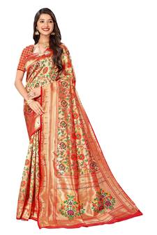 Red woven paithani silk saree with blouse