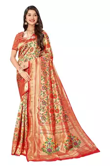 Red woven paithani silk saree with blouse