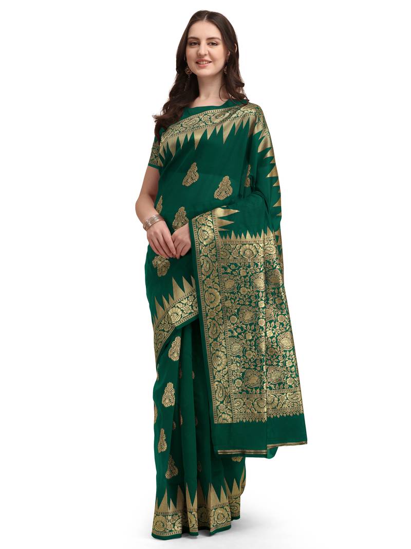 Green woven cotton silk saree with blouse