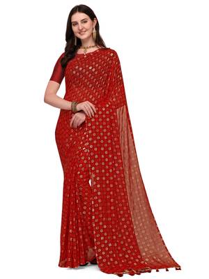 Red printed georgette saree with blouse 1