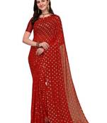Red printed georgette saree with blouse