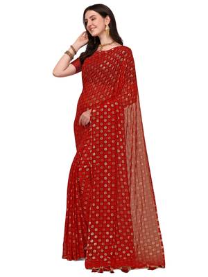 Red printed georgette saree with blouse 3