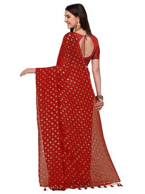 Red printed georgette saree with blouse 4