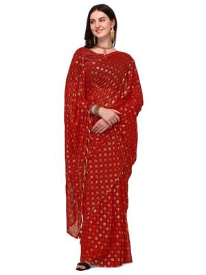 Red printed georgette saree with blouse 5