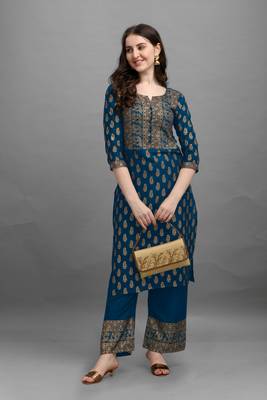 Teal-blue printed rayon ethnic-kurtis 1