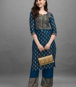 Teal-blue printed rayon ethnic-kurtis