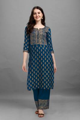 Teal-blue printed rayon ethnic-kurtis 3